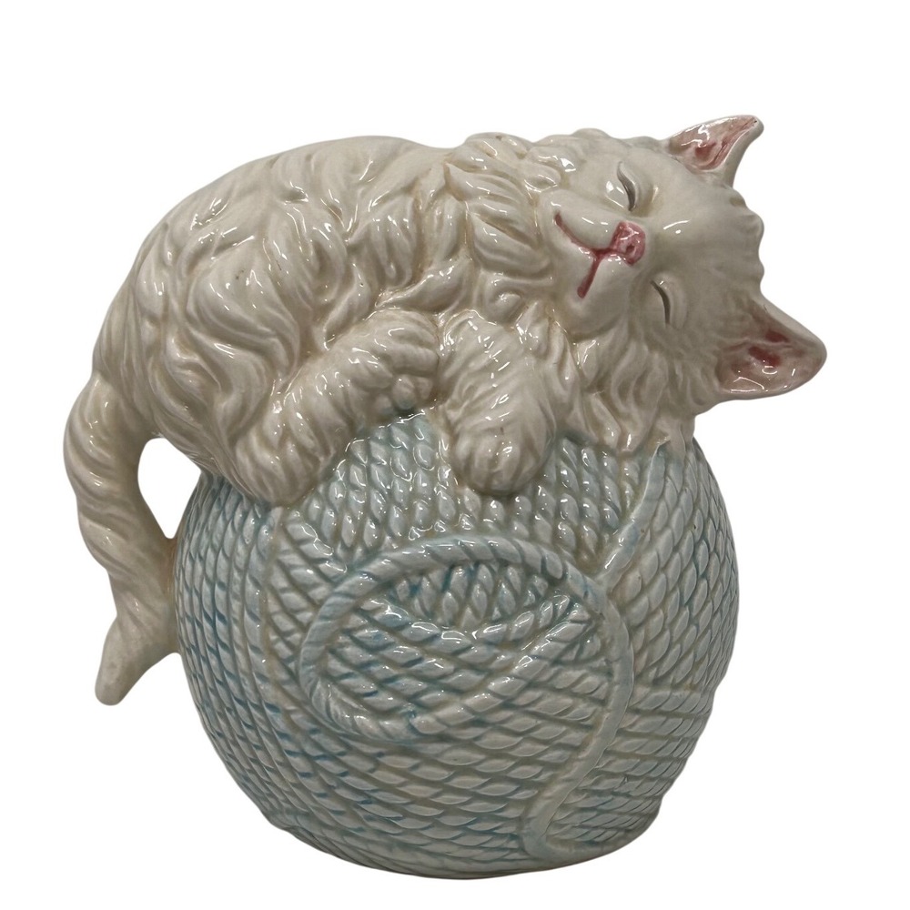 Vintage Ceramic Cat on Ball of Yarn Piggy Bank Made in Japan White Blue‎ 5"